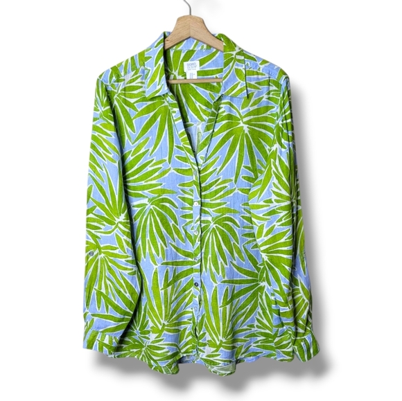 Sigrid Olsen Linen Tunic Shirt XL Palm Tropical Print Resort Coastal Artsy - Picture 1 of 6
